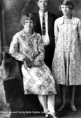 Photo of Percy Lee and Carrie Belle Haddix (standing) with Florence (Last name?)
(let me know if you can identify her)